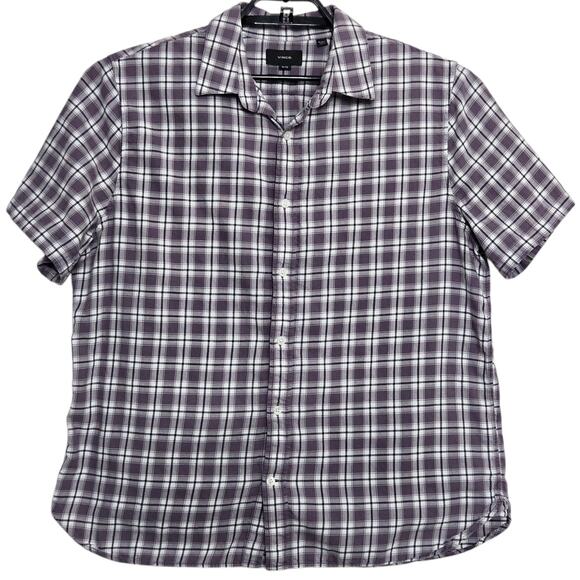 Mens Vince Waterfront Plaid Shirt Size XL Classic Fit Purple Short Sleeve Button - Picture 1 of 6